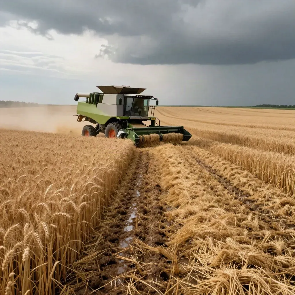 Harvest-ready wheat field with combine, grain cart, cut swaths, and storm haze