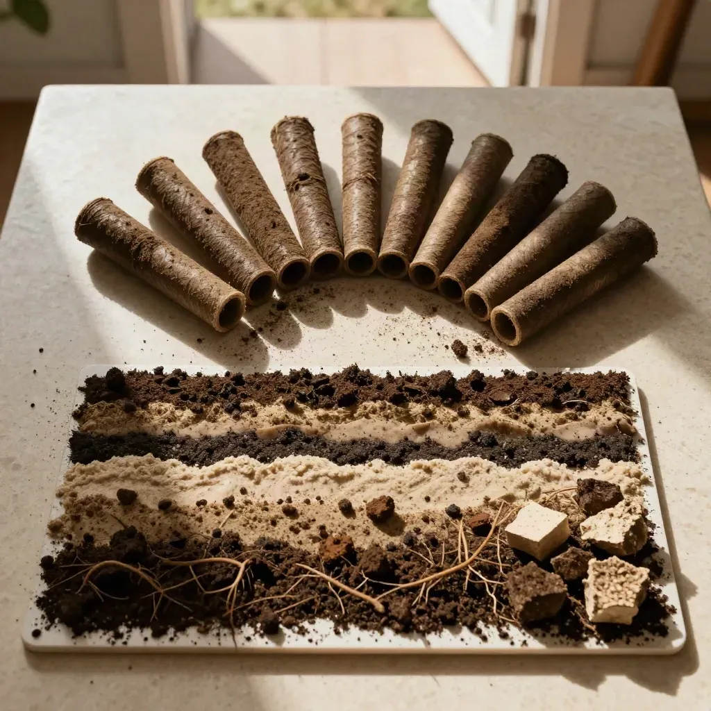 Soil cores and a yield tray arranged on travertine under soft light.