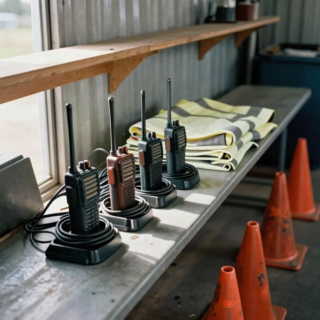 Chargers, folded safety vests, and timing cones lined up on a shed bench