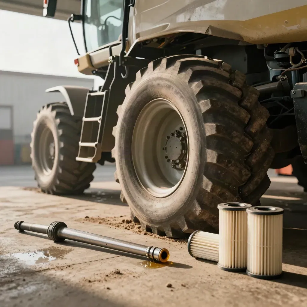 Combine in a service bay with tire chocks, grease gun and filters ready for repair.