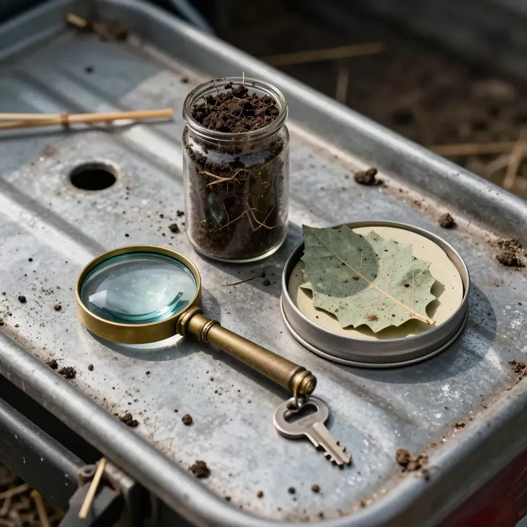 Scouting hand lens, soil vial and leaf-sample tin on a farm tailgate in dramatic light