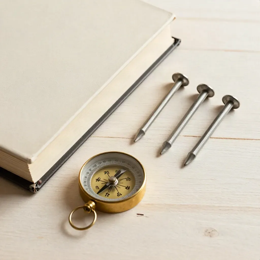 Binder, brass compass, and metal stakes on pale wood in a clean planning still life.